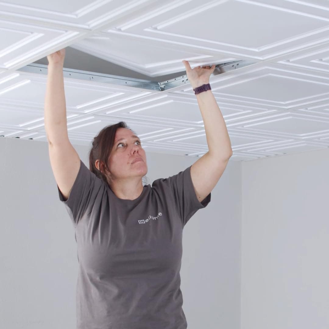 Ceilume Drop Ceiling Tile; 2x2 Ceiling Tiles - Stratford Ultra-Thin Feather-Light - Use in 1" T-Bar Suspended Grid - (White)