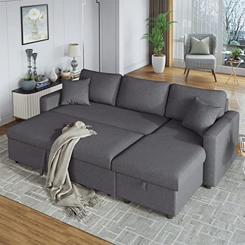 Polibi87.4" Convertible Sleeper Sofa Bed with Pull-Out Design, Storage Chaise and 2 Tossing Cushions, L-Shape 3-Seats Sofa Couch for Living Room (Dark Grey)