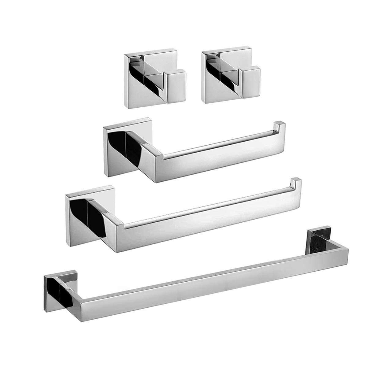 ThinkTopBathroom Accessory Set, Stainless Steel Chrome Finish Wall Mount Square, 5-Piece Bath Collection Set Towel Ring Hanger, 24 Inch Towel Bar Rack, Toilet Roll Holder, 2 X Robe Hooks
