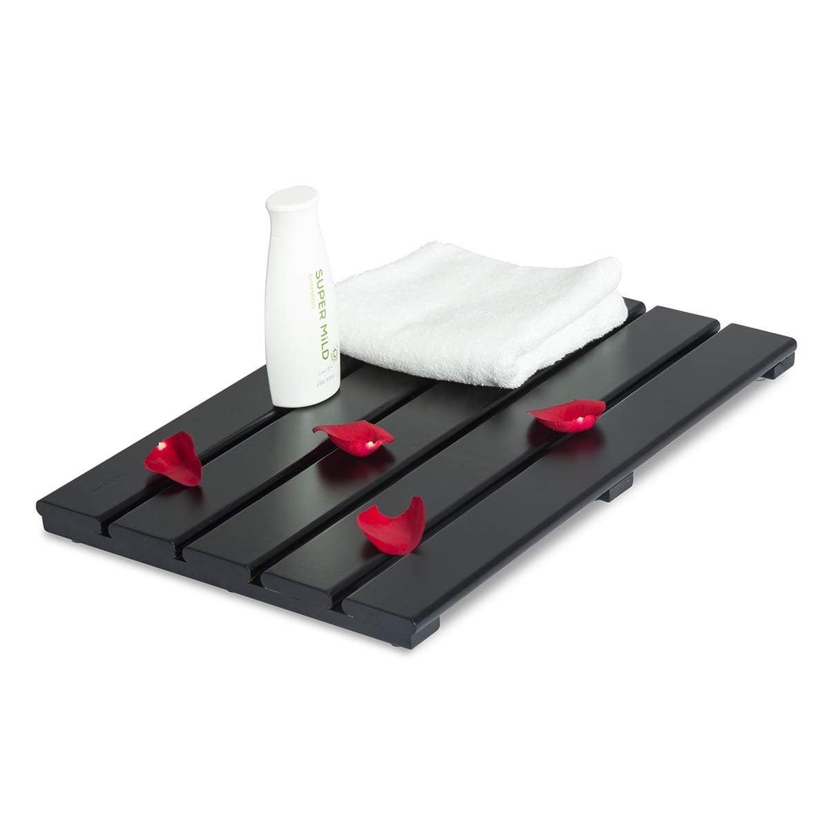 GOBAM Bamboo Bath Mat, Small, 19.7 x 13 x 1.3 inch - Non-Slip Floor Mat for Spa, Sauna, Kitchen, Indoor & Outdoor Spaces, Shower Mat for Bathroom Decor - (Black, 19.7" long)