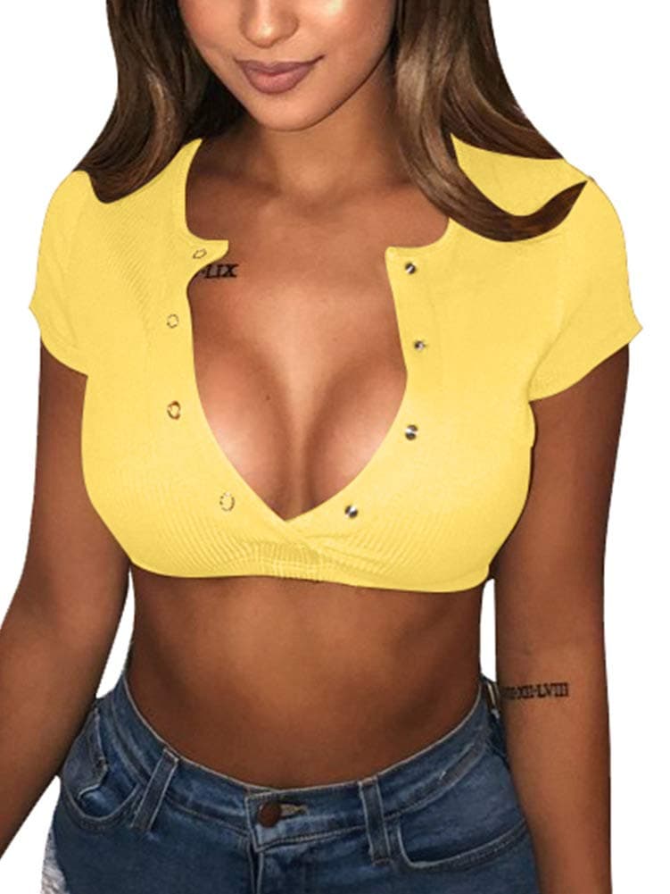YMDUCH Women's Sexy Short Sleeve Button Knitted Ribbed Casual Basic Crop Top Bright Yellow