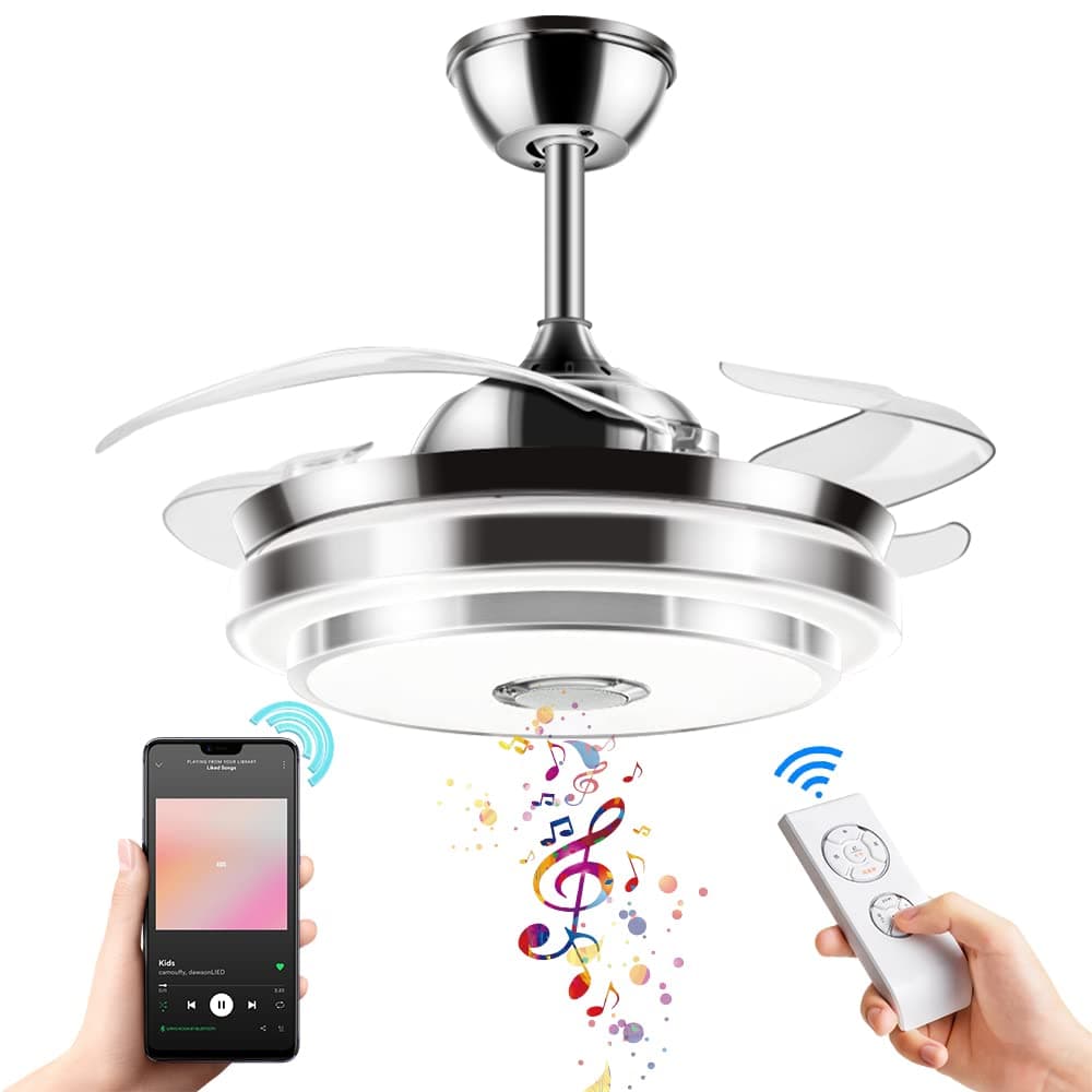 42 Inch Retractable Ceiling Fan Light, 3 Color Changeable LED Bluetooth Music Player 3-Speed Silent Motor Chandelier Ceiling Fan for Living/Dinning Room