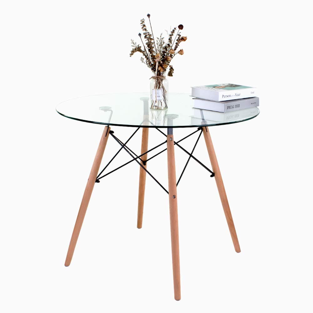 Retro Luxury Glass Round Dining Table Eiffel Design Metal Frame 4 Beech Leg with Glass Table Top 90 Dia Surface For Kitchen Dining Room Family Workstation