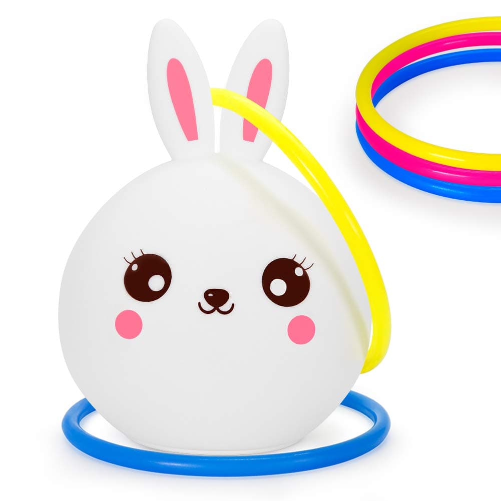 Kids Bunny Night Light Toss Game Set, Portable Touch Sensor Color-Changing LED Rabbit Lamp + 5 Ring Quoits, Double Fun for Bedside Décor, Baby Shower, Birthday Party, Picnics, BBQs, Garden Playtime