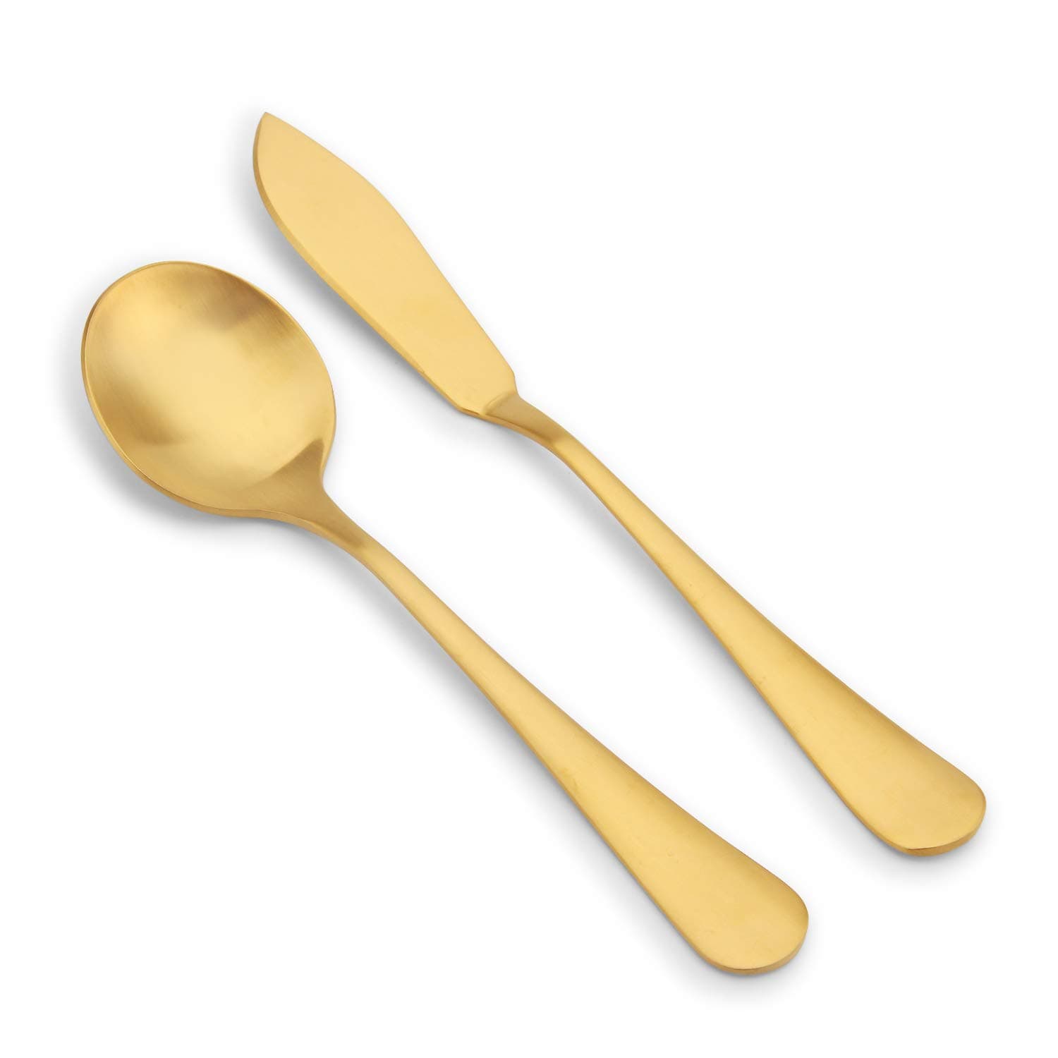 Matte Gold Serving Set，SHARECOOK 5-Piece 18/0 Stainless Steel Large Hostess Set with Round Edge, Satin Finished, Dishwasher Safe -Spoons, Forks,Butter Knife& Slotted Spoon