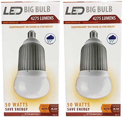 StonePoint LED Lighting Shatter Resistant Big Bulb BB-50 Bright Daylight Bulb Fits Standard Light Socket 4000K and 4275 Lumens - for Shop Light, Garage Light, Workshop (Pack of 2)