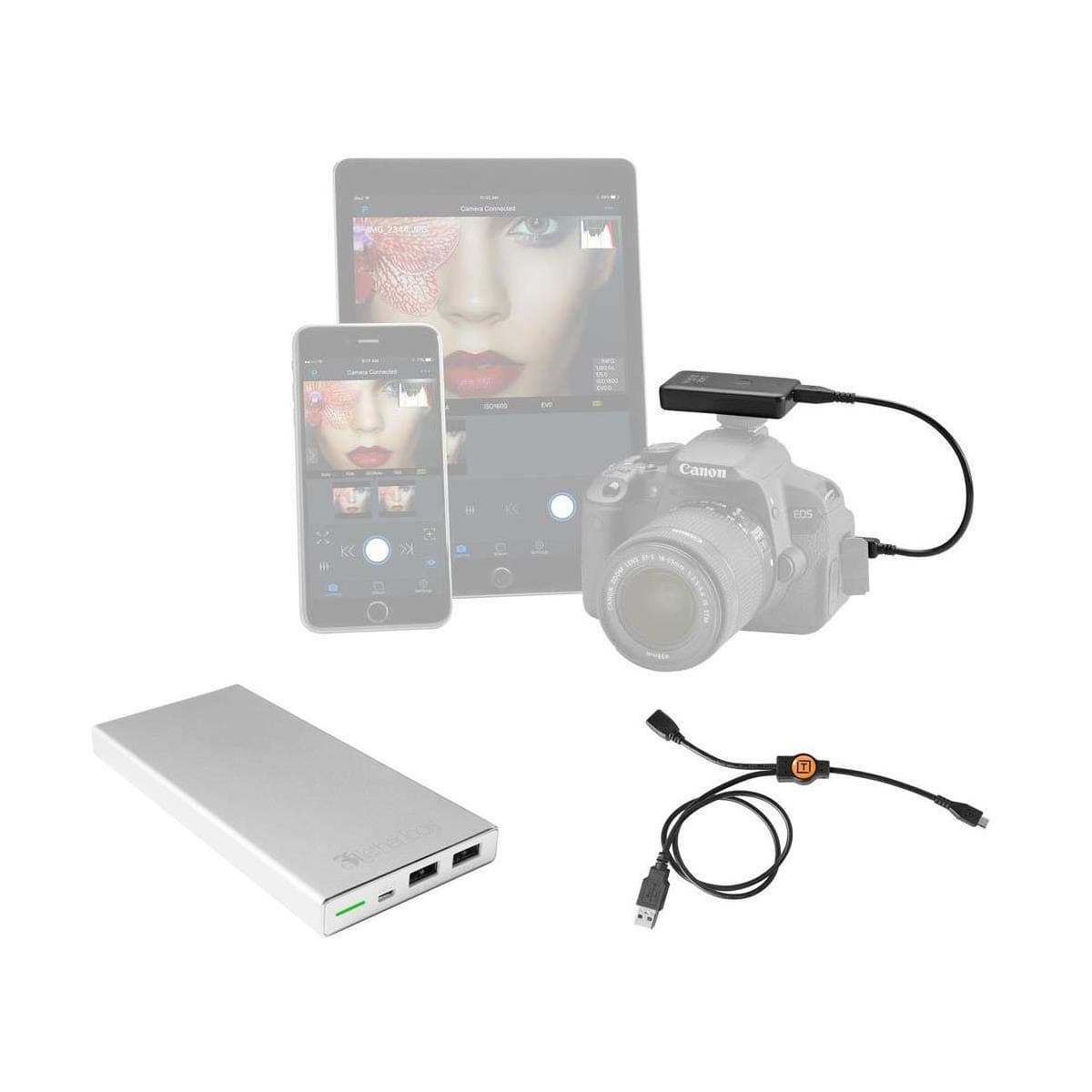 Tether Tools Case Air Wireless Tethering System - Remote DSLR Camera Control and Viewing from Smartphone - Bundle with 22in Power Split Cable for Case Air, Rock Solid 10000mAh External Battery Pack