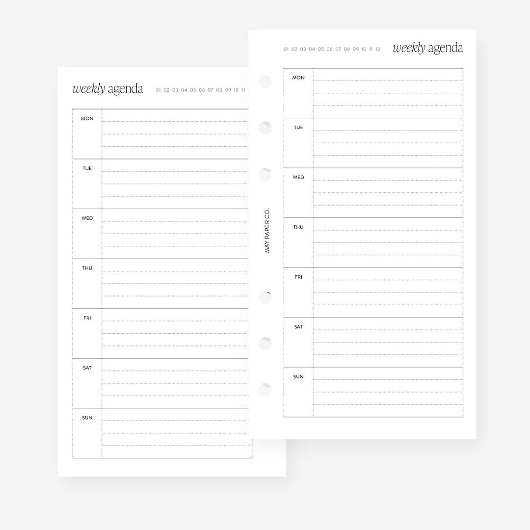 Personal Undated Weekly No.09 Horizontal Lined Week on One Page Planner Insert for Filofax Personal, LV MM agenda refill 6 hole 3.75 x 6.75