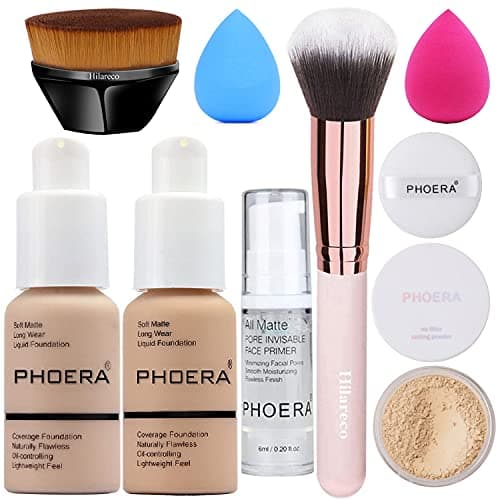 PHOERA Foundation, Primer, Powder, Makeup Set - Kabuki Brushes, 2 Pcs Sponge (102 Nude + 104 Buff Beige)