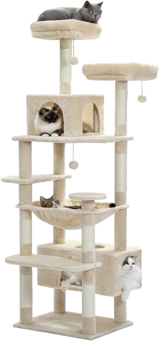 – Large Cat Tree, Cat Tower for Large Cats, Cat Condo with Sisal-covered Scratching Posts and Pads, 2 Padded Perch, Dual Condo and Basket for Indoor Cats (Beige, 184 cm)