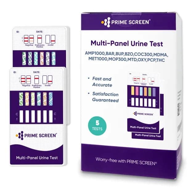 Prime Screen Drug Test 12 Panel Kits (AMP/BAR/BUP/BZO/COC/mAMP/MDMA/MOP/MTD/OXY/PCP/THC) - Self Check Highly Sensitive Urine Dip Testing - WDOA-6125 (5 Pack)