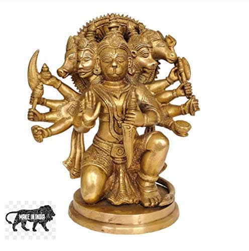 Brass Mart Asta Dhatu (8 Metals) Made Five (5) Faced Hanuman ji Idol/Brass Panch Mukhi Bajrang Bali Idol from Vrindavan 300 GMS
