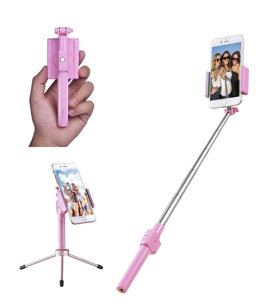Mini Selfie Stick Tripod, Extendable Phone Selfie Stick with Built-in Wireless Remote and Detachable Mini Tripod Stand, for iPhone 11 Pro Max/ 11 Pro/11/XS, Galaxy Note 10 Plus/ S10 Plus, More (Pink)