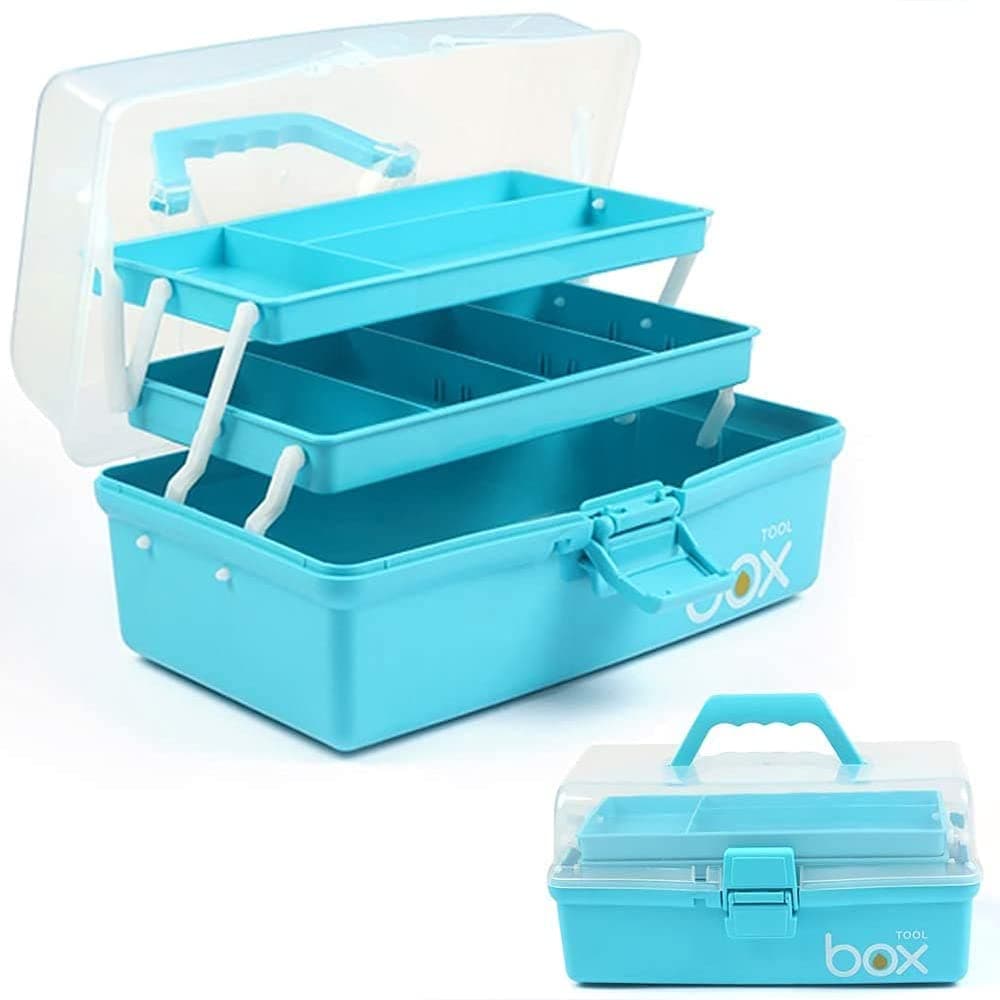 12in 3 Layer Multipurpose Storage Box/Craft Storage Boxes With Compartments/Plastic Tool Box/Medicine Storage Box/Hair Accessories Organiser/Sewing Box with 2 Trays (Blue)