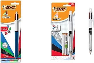 BIC Medium Point Ball Pen, 4 Colors, Assorted Ink, 1 per Pack & 4-Color 3+1 Ballpoint Pen and Pencil, Medium Point (1.0 mm), 0.7mm Lead, Assorted Inks, 1-Count