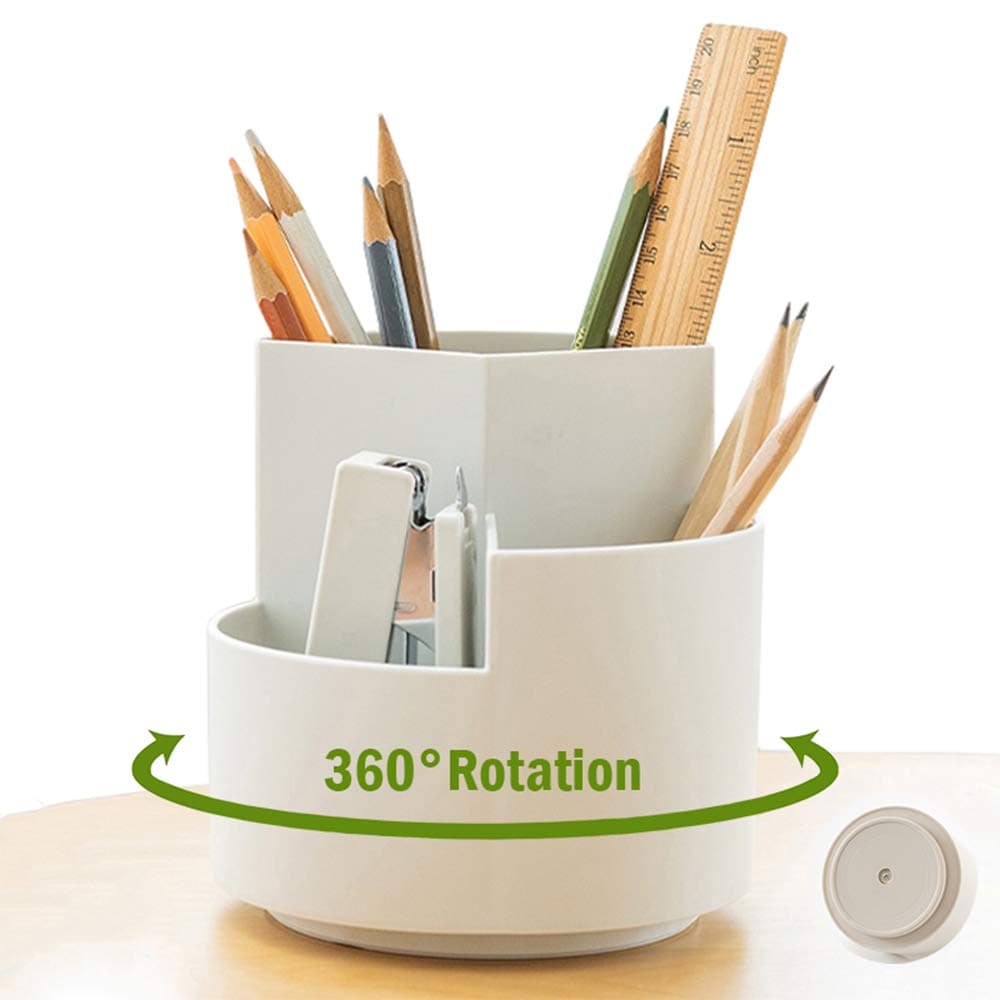 Pen Holder-360 degree rotating multi-functional pen holder, 3 separate layer desktop stationery bags, desk organiser, home office art supplies box (White)…