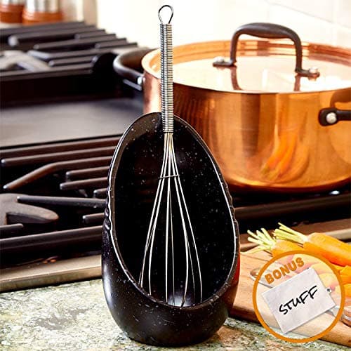 Speckled Spoon Rest - Kitchen Spoon Holder for Stove Top - Earthenware Ladle Holder for Cooking Utensil in Rustic, Antique, Country, Farmhouse Design - Black