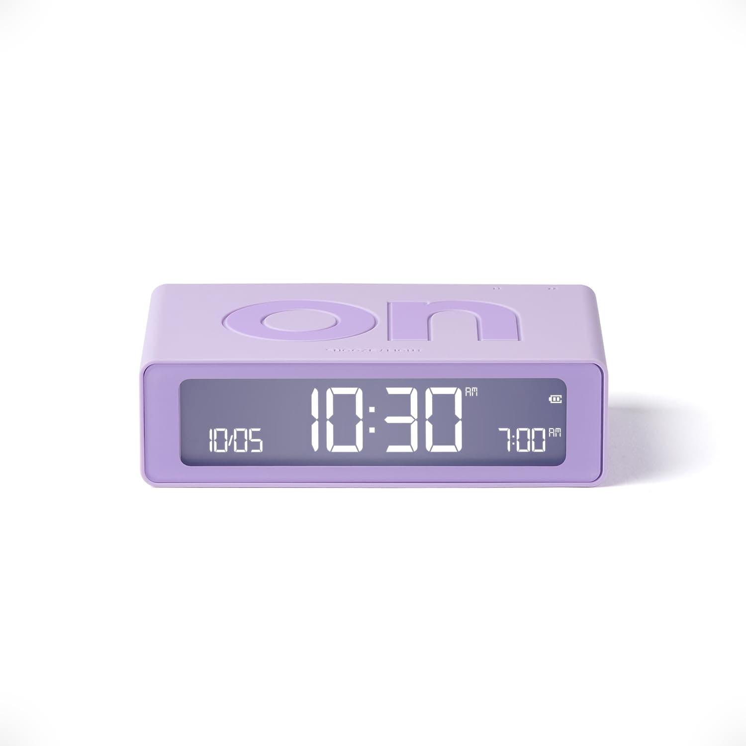 Lexon Flip Mini digital alarm clock, On Off LED clock with Adjustable Brightness, Rechargeable or Mains Powered, Sleek Retro Bedroom Decor Ideal for Alarm Clocks Bedside Use - Light Lilac