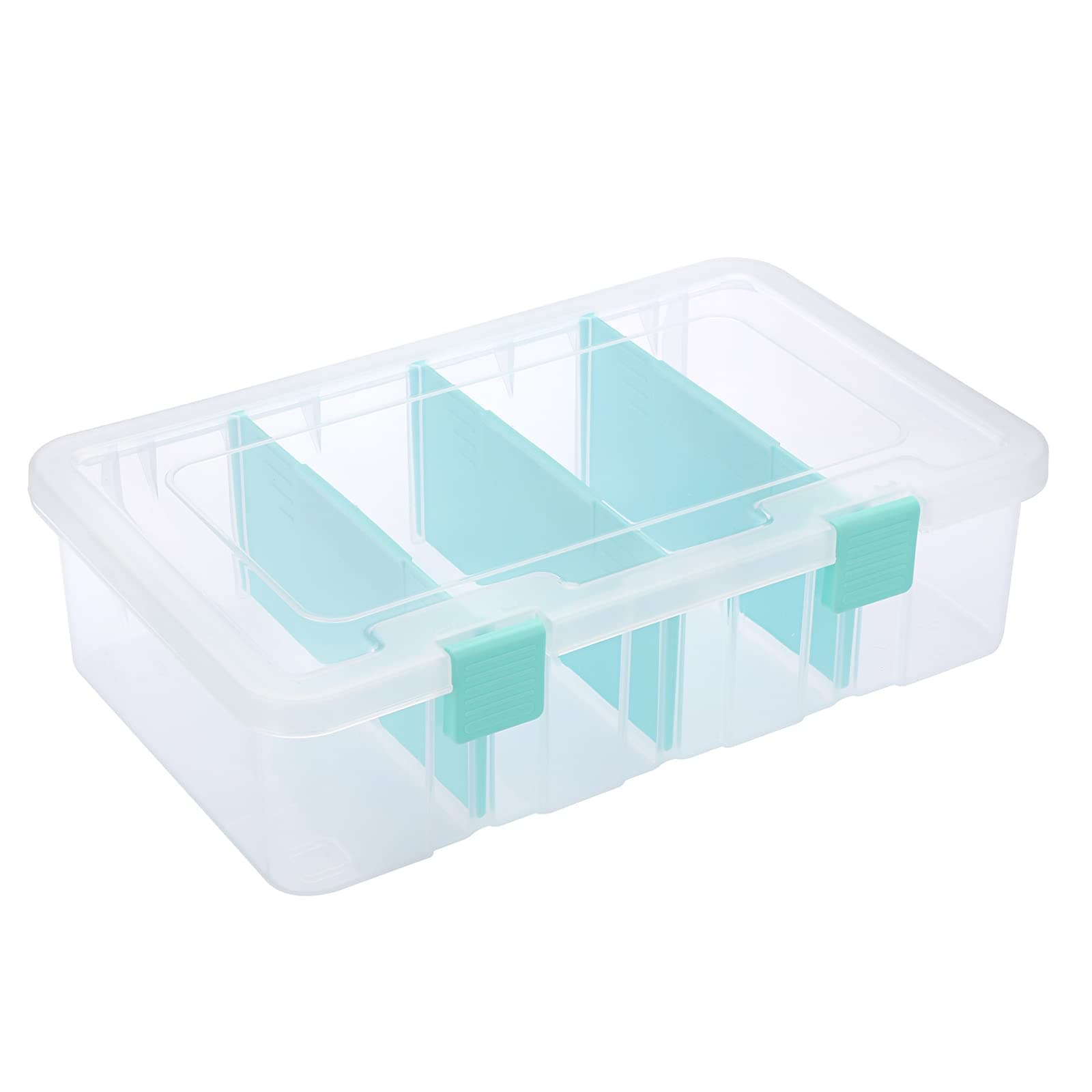 BSTKEY Plastic Clear Blue Storage Container Organizer Box, Home Utility Storage Box with 4 Detachable Compartments, Horizontal