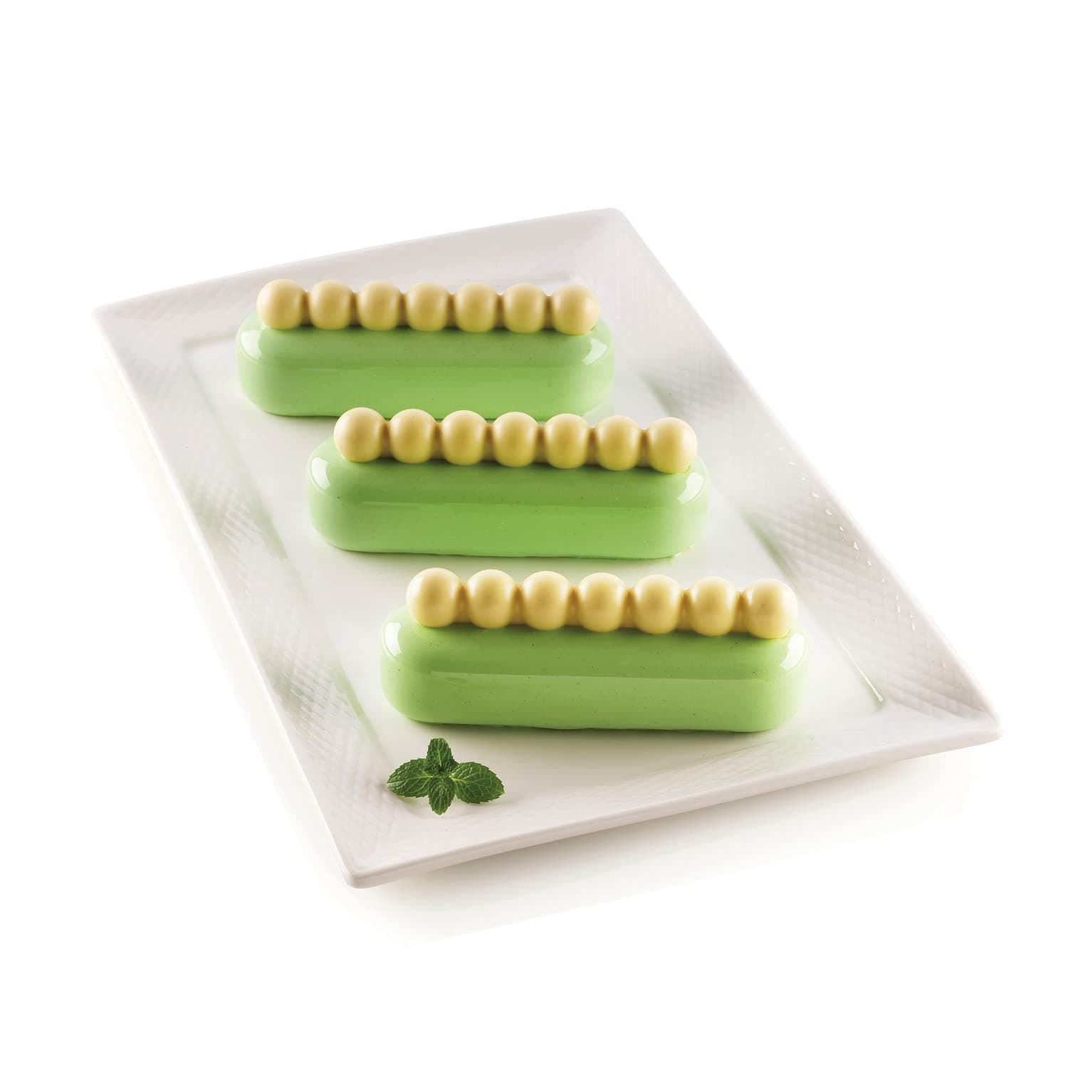 Silicone Cake Mould Set Chic ÉCLAIR, Set Composition 1 Silicone Base Mould, 1 Silicone Top Mould, Non-Stick, 3D Design, 130 x 38 mm - 117 x 18 mm, h 28 mm - h 16 mm, Made in Italy
