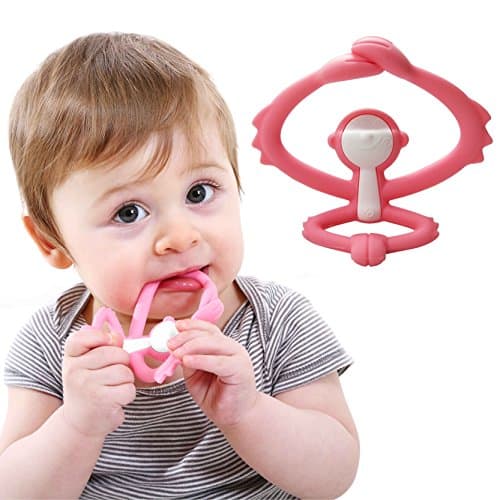 Mombella Hugging Monkey Teether Toy | Perfect for Sore Gums | Attaches to Bottles and Cups | Easy Grasp | BPA, Phthalate, PVC, Latex Free | Microwave, Sterilizer and Freezer Safe | 3M+,Pink