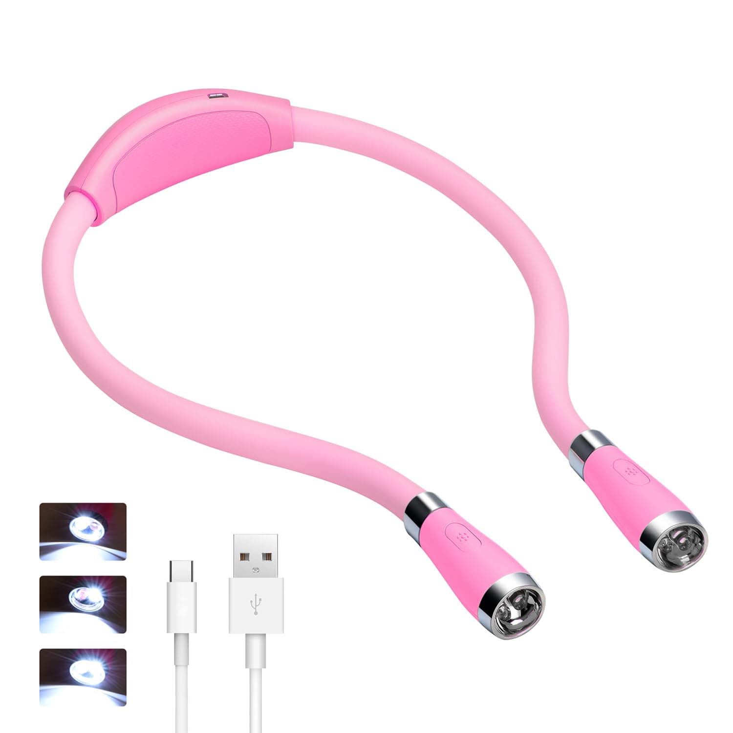 LED Neck Book Light, USB-C Rechargeable, Hands Free, 4 Super Bright LED Bulbs, 3 Adjustable Brightness, Best for Reading in Bed, Knitting, Walking, Jogging, Mending in Night (Pink)