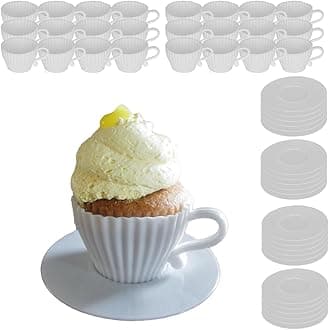 Baking Cupcake Molds - Silicone Teacup Set - 48 Pc Set - Oven-Safe - Nonstick - Muffin Cups for Bridal/Baby Shower, Birthday/Tea Party - 24 Cups & 24 Saucers - BPA Free