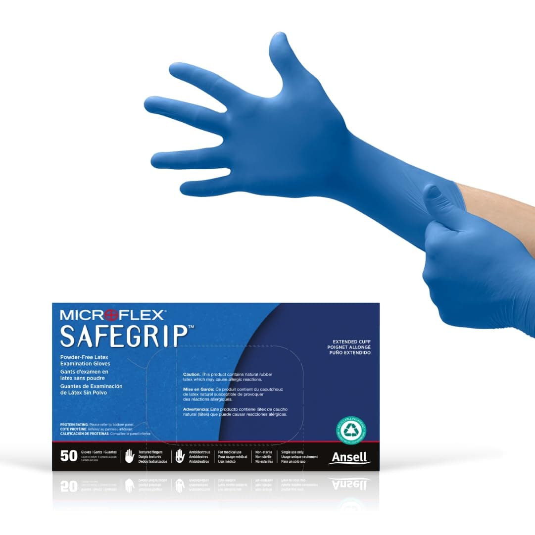 MICROFLEX SafeGrip SG-375 Extra Thick Disposable Latex Gloves for Life Sciences, Automotive w/Textured Fingertips - Large, Blue (Box of 50)