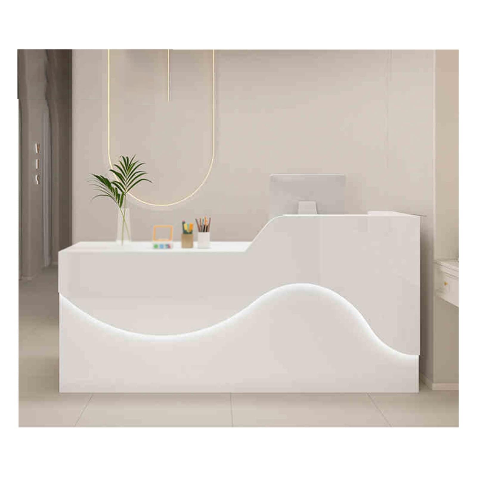 Modern Reception Desk with Spacious Desktop & Large Storage, Stylish Front Office Desk for Receptionists, Elegant Atmosphere Lighting, White Finish (100CM, Left)