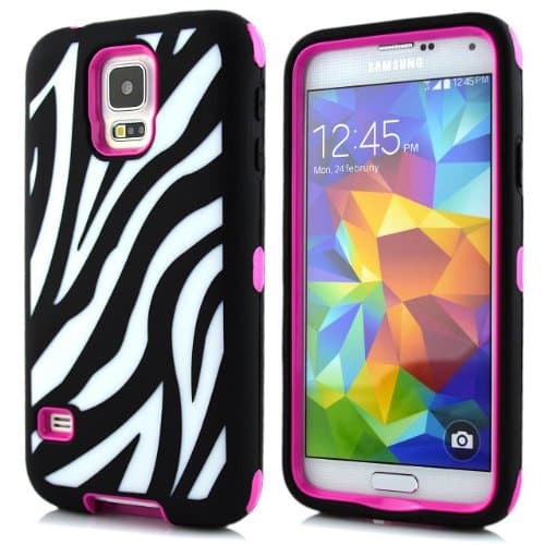 Sean Zebra Stripe Hybrid Protective Case with Combo Defender Shockproof Function for Samsung Galaxy S5 I9600 (2# Rose) + 1 Pcs Sean Smile Case