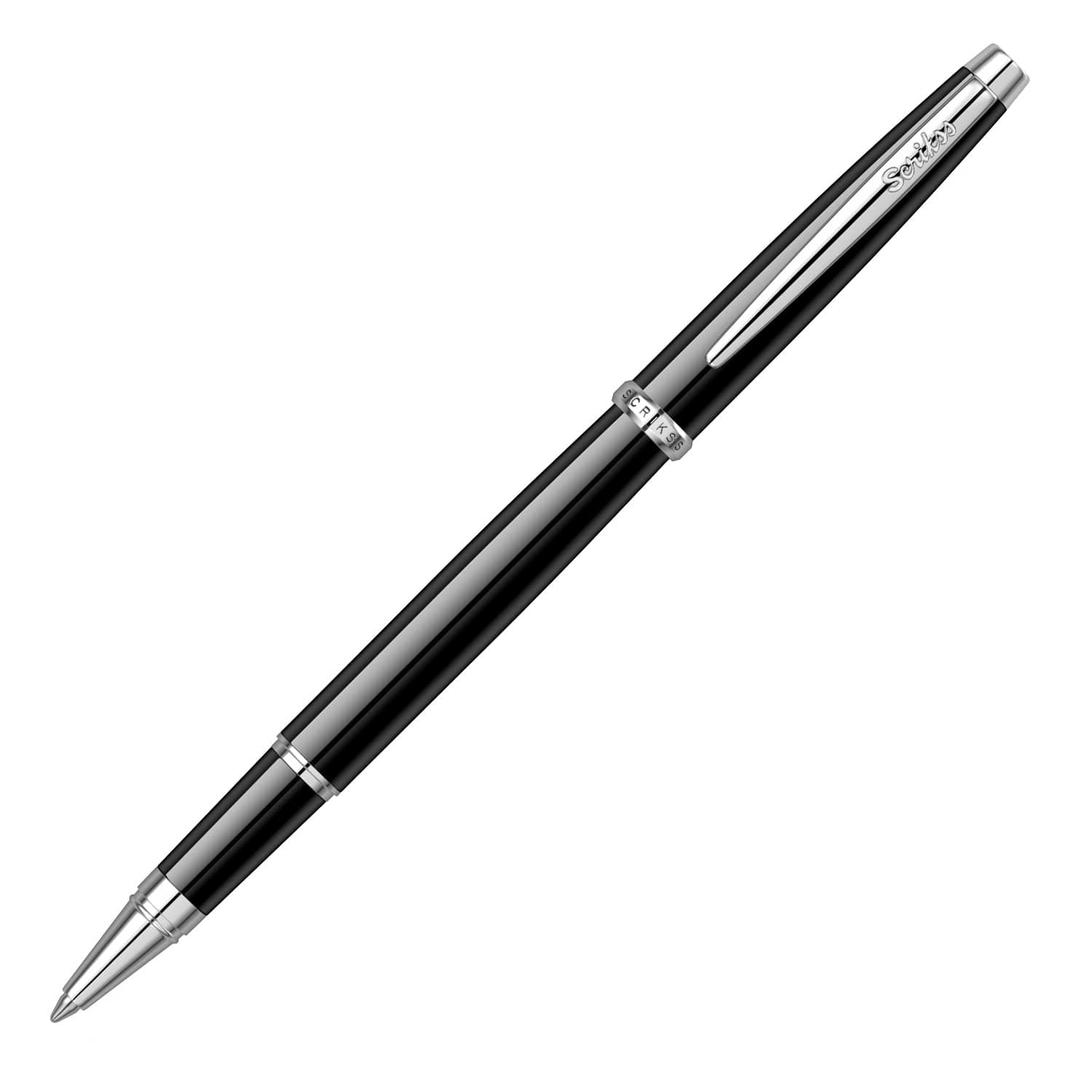 Scrikss Metropolis 800 Glossy Black Roller Ball Point Pen With Multiple Layers Of Black, ABS Grip Black, SS Clip Plated With Chrome, Roller Type Refill, Brass Accessories Classic Collection - 63337