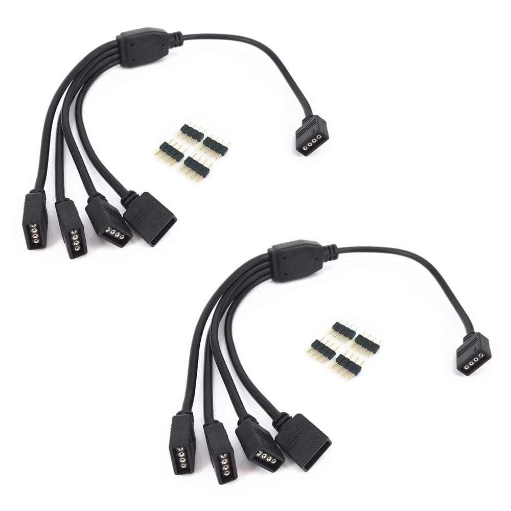 2 pcs Black 4 Pins LED Splitter Cable LED Strip Connector 4 Way Splitter Y Splitter for One to Four RGB 5050 3528 LED Light Strips with 10x Male 4 Pin Plugs -30cm/12inch Long