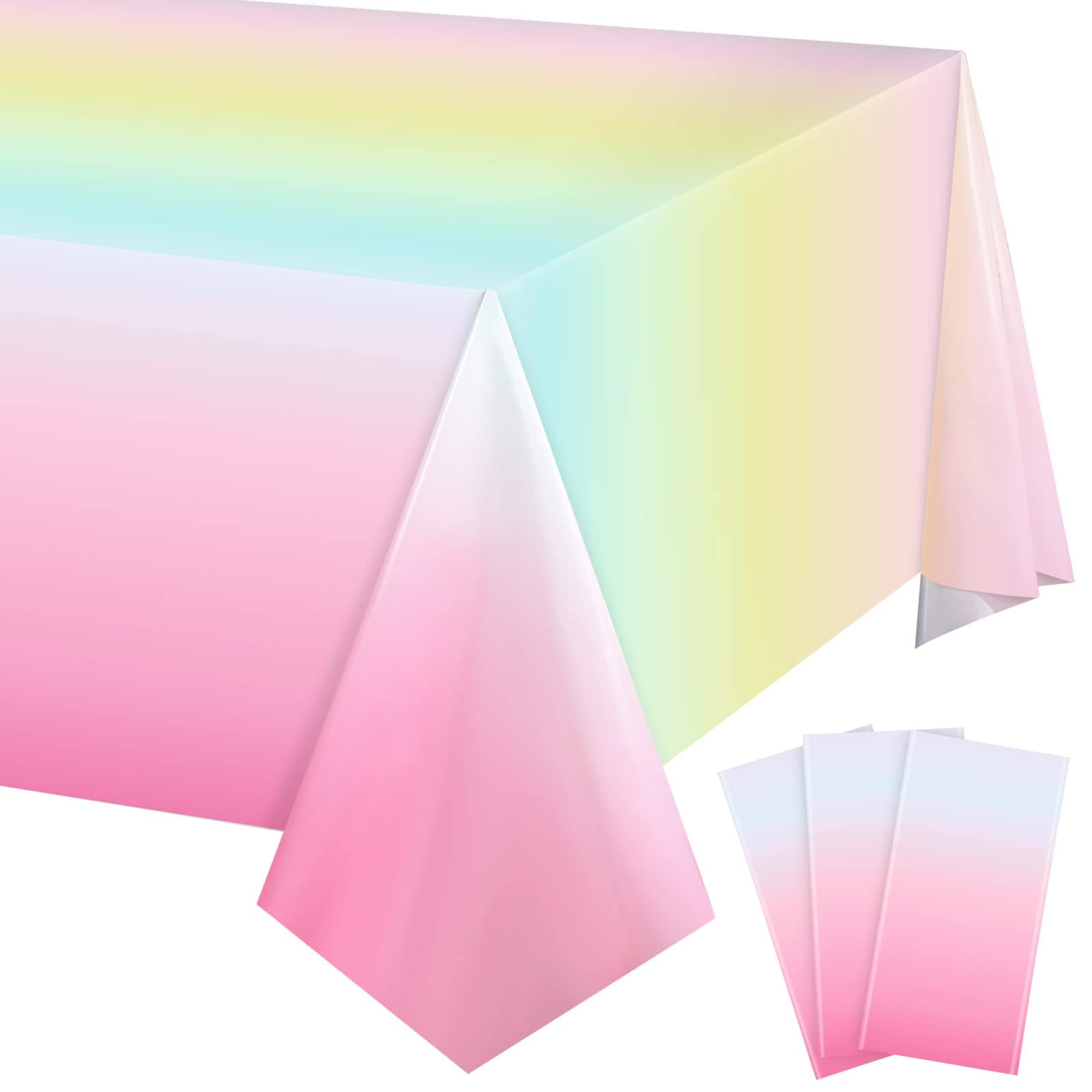 Riakrum 3 Pack Pastel Rainbow Tablecloths Rainbow Plastic Tablecloth Decorations Rainbow Birthday Party Supplies Pastel Table Covers for Birthday Wedding Shower Party Supplies, 108 x 54 Inch