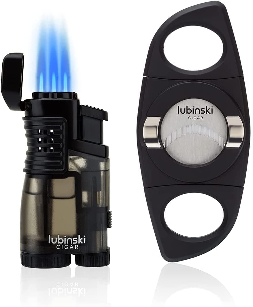 LUBINSKI Cigar Cutter and Torch Lighter Gift Set, Multifunction 3 Jet Cigar Lighter w Punch, Security Lock, Top Lid can Hold Cigar, 28mm Cigar Cutter W Cigar Stand (No Gas) (Black)
