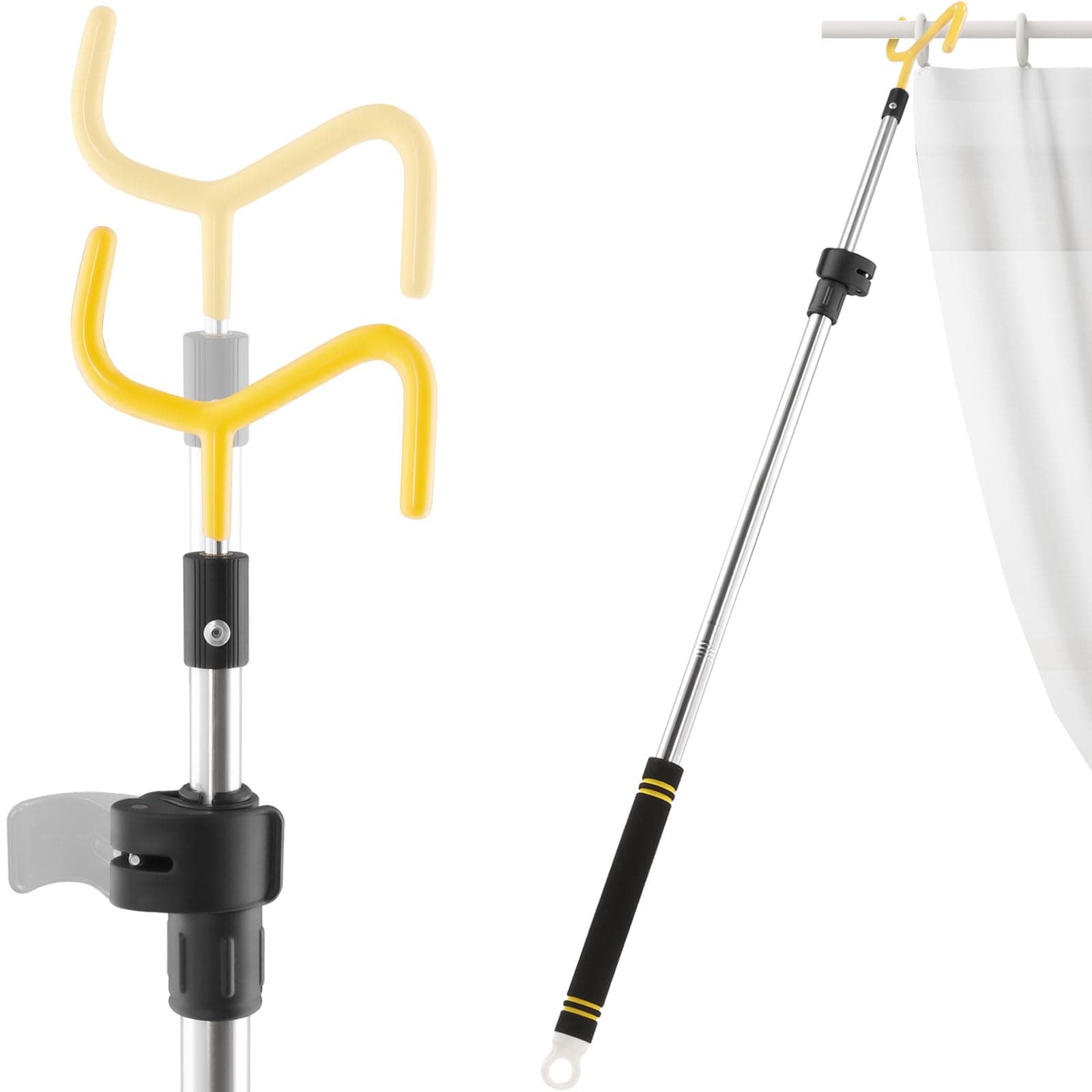Drapery Pull Rod,36“ to 63” Telescoping Curtain Pull Pole For Curtains Wand Stainless Steel Tubes Soft Sponge Handle Rod for Curtains Heavy Duty Extension Pole Lightweight (Black Yellow)