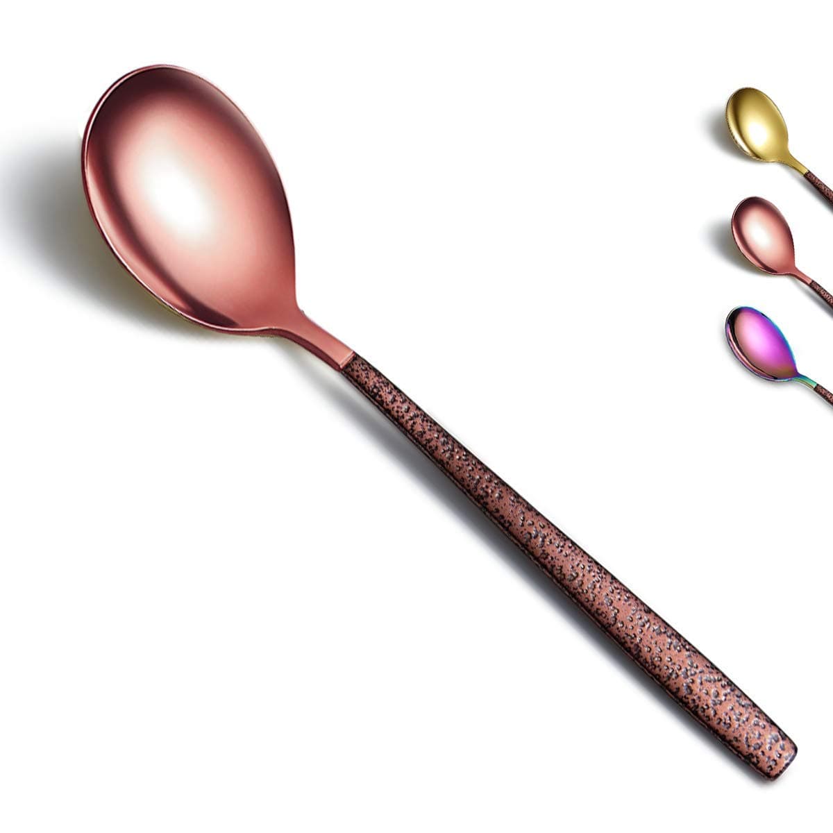 Berglander Dinner Spoon Set Of 4 With Moon Surface Handle And Shiny Rose Gold Mouth, Stainless Steel Copper Spoons Silverware Set Dishwasher Safe