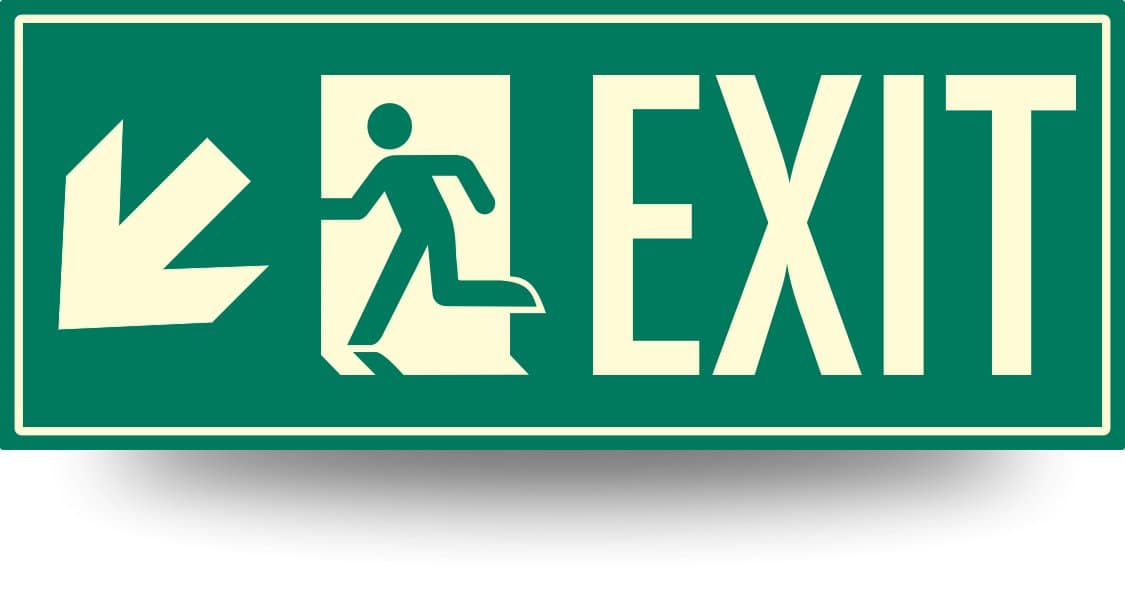 Low Proximity Photoluminescent Exit Sign Running Man (Left Down Arrow) 15" x 6". Aluminum Code Approved ASTM E2072 IBC 2012/NFPA 101 2012