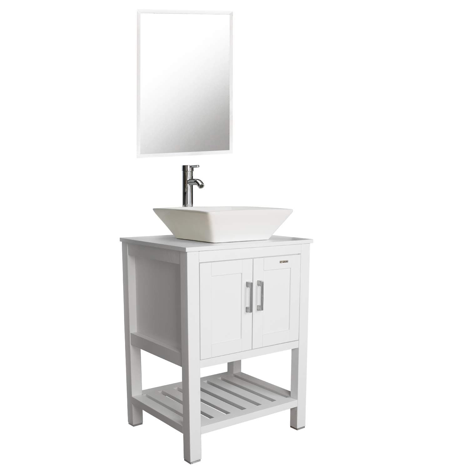 eclife 24” Bathroom Vanity Sink Combo White Cabinet Square Ceramic Vessel Sink & 1.5 GPM Water Save Faucet & Solid Brass Pop Up Drain, W/Mirror (A07B06WH)