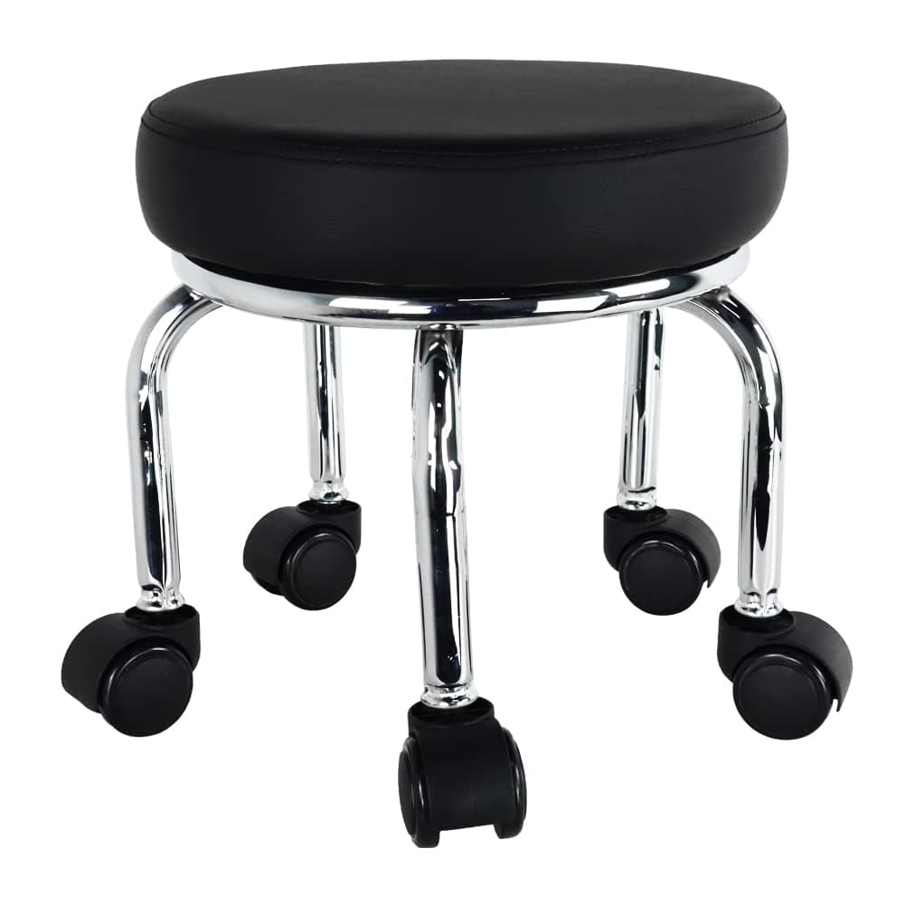 WKWKER Small Rolling Stool PU Leather Roller Seat 360° Swivel Low Round Chair with Universal Caster Wheels for Home Massage Garden Office Garage Shop Fitness Sport,H:31.5cm(Black)