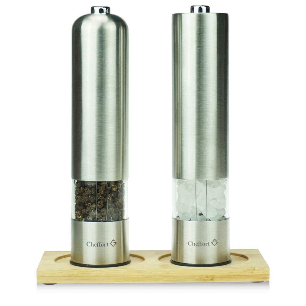 “Cheffort” Electric Pepper Grinder or Salt Grinder, Automatic Battery Operated Stainless Steel Salt Mills or Pepper Mills,One Handed Operation with LED Light，2 Pieces with Bamboo base tray In Set