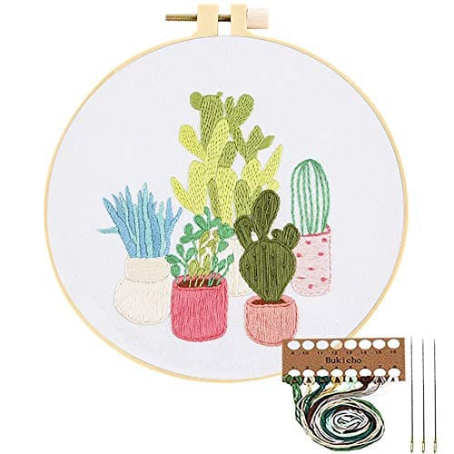 Embroidery Starter Kit with Pattern, Cross Stitch Kit Include Stamped Embroidery Clothes with Floral Pattern, Plastic Embroidery Hoops, Color Threads and Tools Needlepoint Kits (Cactus)