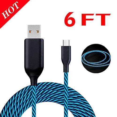 Type USB C Cable, MKDGO 6FT LED Flow Light Up Charging Cable USB 2.0 Data Cords for Samsung Galaxy S9Plus S9 S8Plus S8, Huawei P20 P10, LG G6 G7 V20 V30,Moto Z Z2 - Blue Light