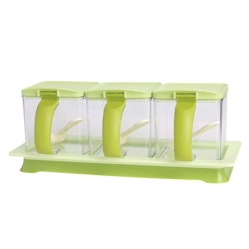 METKA Kitchen Seasoning Box Set - 3 Separate Handle Condiment Boxes-Seasoning Box Jar Plastic Condiment Transparent Storage Container- Cruet with Cover and Spoon (Green)