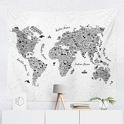 World Map Tapestry Wall Hanging Maps Global Globe Tapestries Dorm Room Bedroom Decor Art - Printed in the USA - Small to Giant Sizes