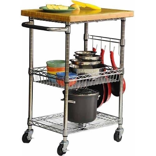 Ikkco EcoStorage Chrome Bamboo Top Kitchen Cart, Roll this chrome bamboo top kitchen cart into your kitchen and youll have a lot of extra space to store pots, pans, and more. The removable top is the perfect place to prepare breakfast or chop up your meat, as it doubles as a cutting board