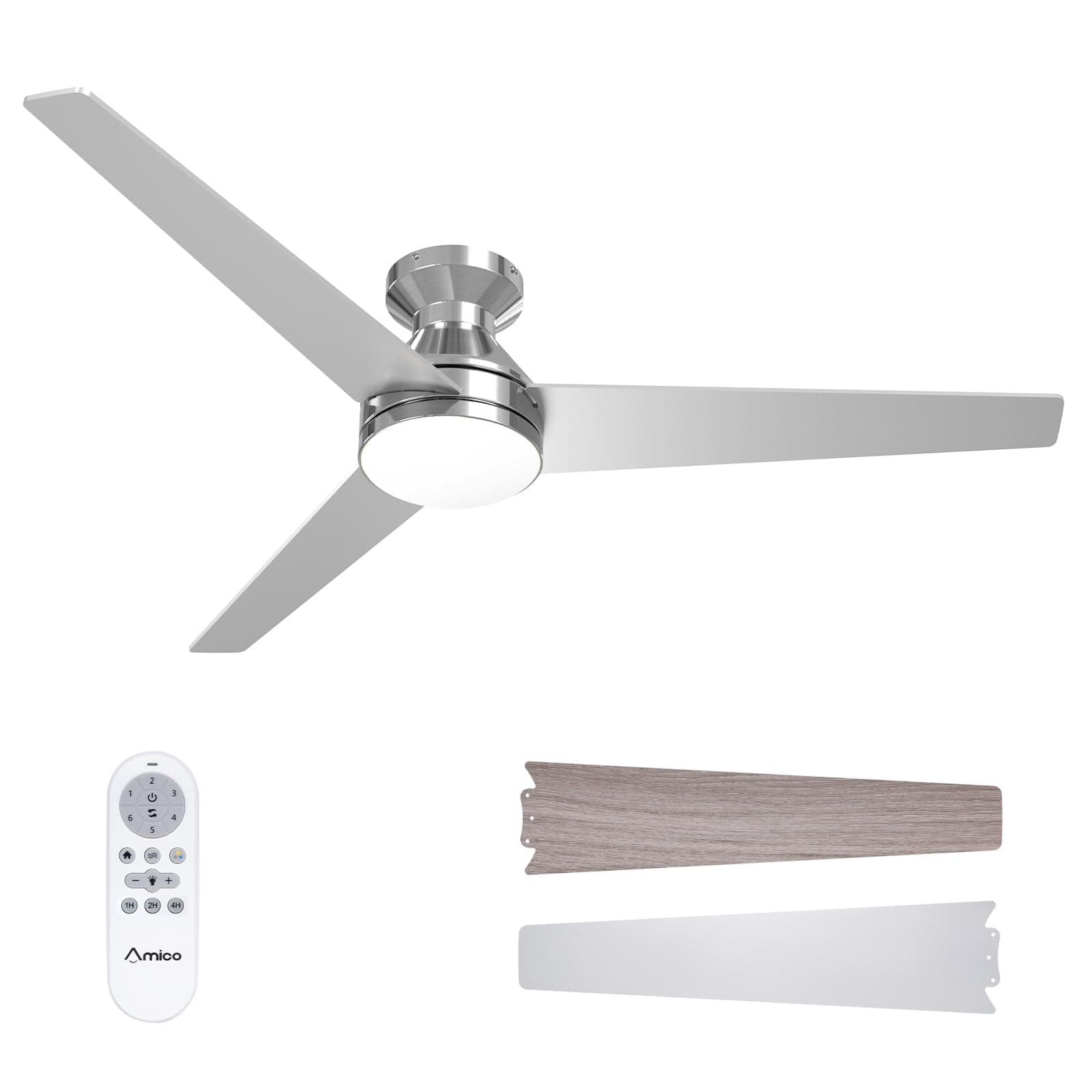 Amico Ceiling Fans with Lights, 52 inch Low Profile Ceiling fan with Light and Remote Control, Flush Mount, Reversible, 3CCT, Dimmable, Noiseless, Nickel Ceiling Fan for Bedroom, Indoor/Outdoor Use