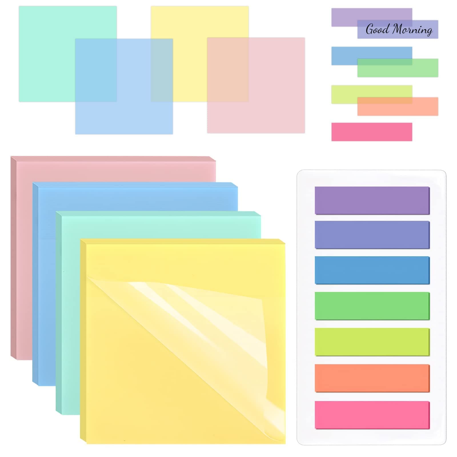 Transparent Sticky Note Pads, 4 Packs Waterproof Self-Stick Notes Pads Index Tabs Set 200 Sheets 3 Inch Memo Pads 140pcs Page Markers Tabs for Notebooks Message Reminder Plan Office School