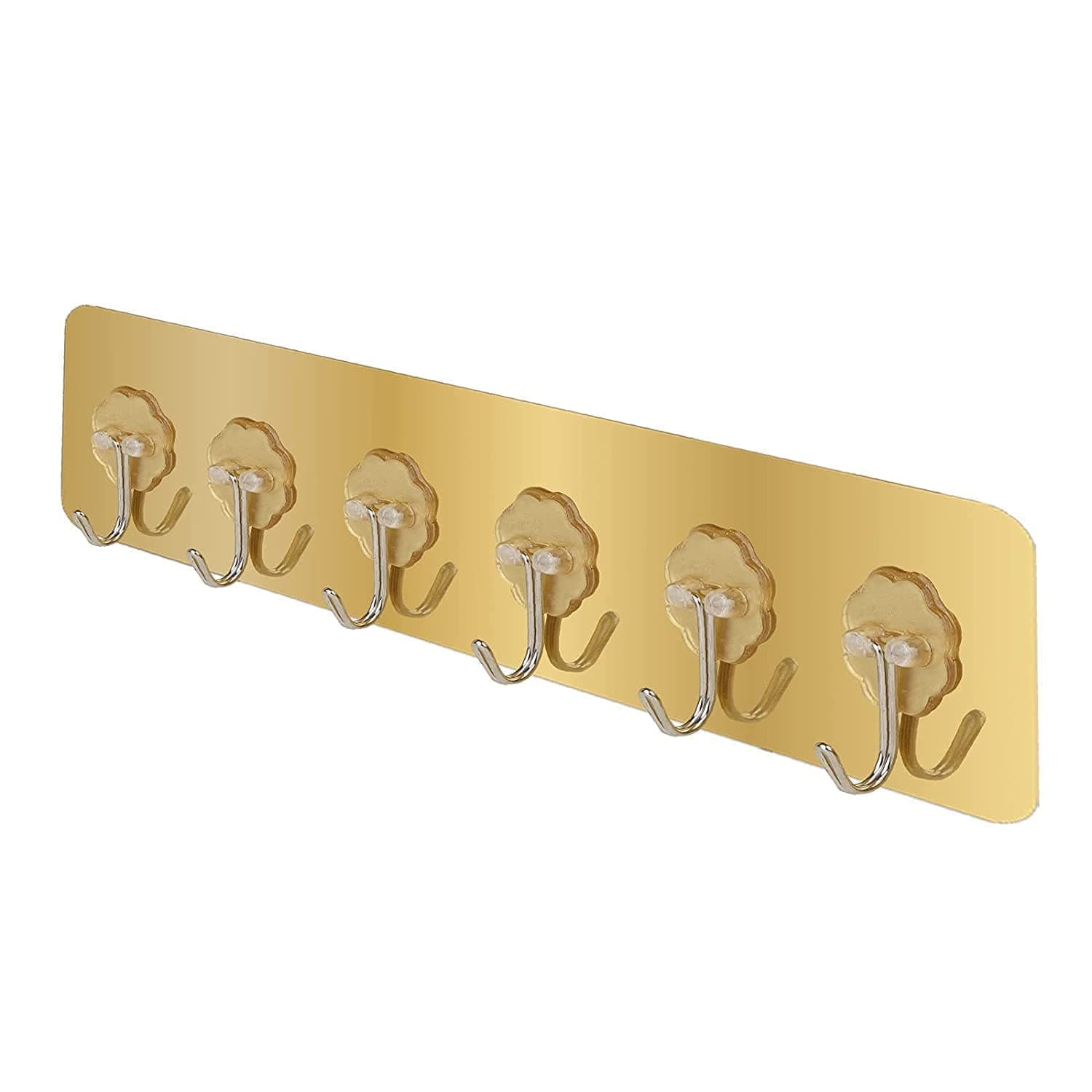 Self Adhesive Wall Hooks for Kitchen Organizer Hook for Wall Without Drilling for Home Kitchen Bathroom Bedroom Keys Bag Towels - 6 Stainless Steel Hook with Plastic Strip (Golden Pack of 1)