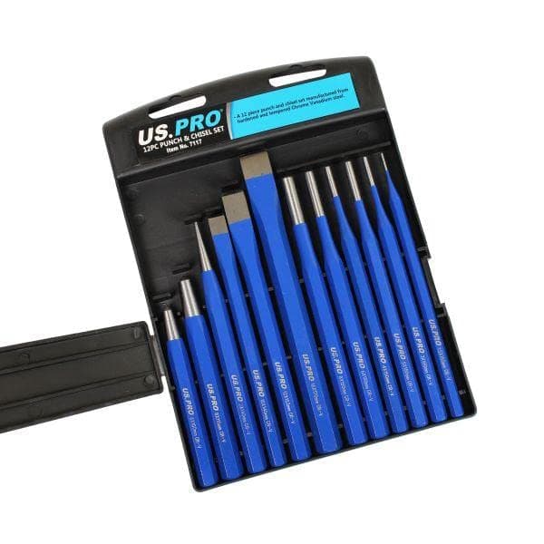 US PRO Tools 12pc Punch & Chisel Set Centre Long Tapered Punches Cold Chisels 7117