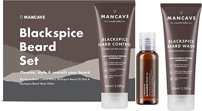 ManCaveBlackspice Beard Gift Set with 3 Beard Grooming Essentials, For a thicker, more healthier beard, Vegan Friendly, Tubes made using Recycled Plastics, Made in England